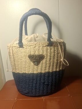 Upcycle Prada Two-Tone Navy and Natural Woven Tote